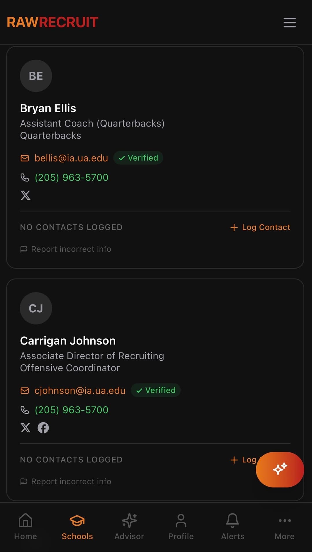 RawRecruit Coach Contact UI